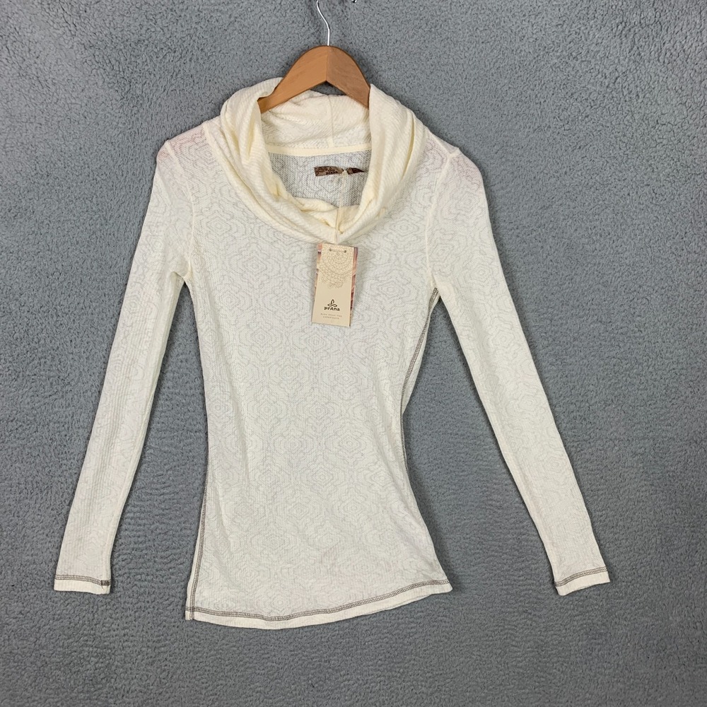 Prana Isabel Top Women's Small S Ivory Long Sleeve Geo Floral Cowl Neck NWT $60